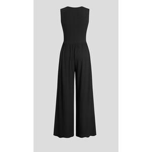 CIDER Women's French Riviera Vacation V-neck Ruched Solid Wide Leg Jumpsuit
